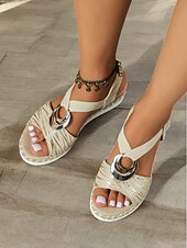 preiswerte Lässige Sandalen-Damen-Espadrille-Keilsandalen im Boho-Stil mit metallischem Ringdetail – Riemchen-Sommerschuhe für Freizeit und Strand