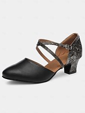 abordables Chaussures de danses latines-chaussures de danse latine classiques en cuir noir pour femmes avec semelle en daim souple et brides croisées | parfaites pour l&#039;entraînement et les performances