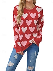 billige Solide farger-kvinners valentin rosa hjertegenser genser elegant ensfarget v-hals strikket lange ermer vanlige topper strikket mote streetwear utendørs daglig helg svart rosa høst vinter