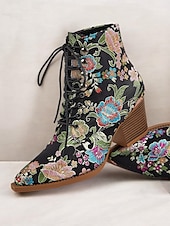 economico Stivali alla caviglia-stivaletti allacciati con ricami floreali da donna - in raso rosa acceso con tacco spesso per outfit casual, da festa o boho-chic