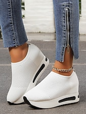 billige Sneakers til kvinner-hvite slip-on-strikkede joggesko for kvinner med pustende mesh og skjult hæl - lette fritidssko for turgåing og hverdagsbruk