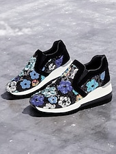 levne Dámské tenisky-dámské květinové flitrové slip-on tenisky - pohodlné třpytivé ležérní boty s klínovou podrážkou, ideální na procházky nebo párty