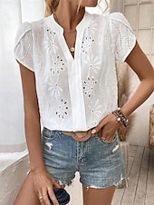 billige Blonder topper-Dame Skjorte Bluse Helfarge Daglig Stilfull Fritid Kortermet V-hals Vanlige topper Arbeid Daglig Ut på byen Broderi Hvit Sommer Vår