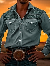 abordables camisas occidentales de los hombres-Hombre Tribal Impresión de pañuelo Camisa camisa occidental Manga Larga Camisa Cuello Vuelto Vintage Exterior Calle Casual Diario Rosa Rojo Azul S M L