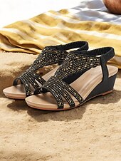 cheap Vacation Sandals-Women&#039;s Bohemian Rhinestone Wedge Sandals – Sparkly Elastic Strap Open-Toe Shoes for Summer, Beach, Casual &amp; Evening Wear