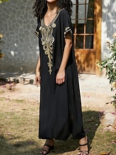abordables Robes Bohémiennes-Femme Robe Maxi Robe casual robe boheme Décontractées Vacances du quotidien Standard Floral Demi Manches Col V Rouge Bleu Dorée Eté Printemps Automne