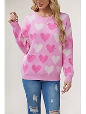 billige Solide farger-kvinners valentin rosa hjertegenser genser elegant ensfarget v-hals strikket lange ermer vanlige topper strikket mote streetwear utendørs daglig helg svart rosa høst vinter