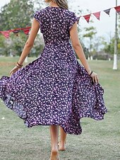 voordelige Casual bloemenjurken-Dames Maxi-jurk Casual jurk Boho chique jurken Bohemen leuke Style Stijlvol Flutter mouw Vakantie Dagelijks Strand Ruim Passend Grafisch Korte mouw V-hals Groen Donkerblauw Zomer Lente