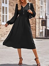 preiswerte Kleider für die Arbeit-Damen Midikleid Casual kleid A Linie Kleid Stilvoll Basic Brautkleider schlicht Urlaub Täglich Regular Fit Glatt Langarm V Ausschnitt Schwarz Armeegrün Sommer Frühling