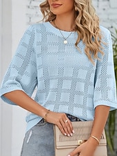 お買い得  単色-女性用 ニット カジュアル ソフト ピュアカラー リブ クルーネック ニット 七分袖 レギュラートップス ニット アウトドア 日常 週末 ホワイト ピンク 春 秋