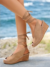 cheap Vacation Sandals-Women&#039;s Khaki Faux Suede Wedge Sandals with Peep-Toe and Wraparound Ankle Straps - Comfortable Summer Shoes for Casual and Beach Wear