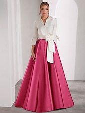 ieftine roșu-Rochie de Seară A-Line Elegantă Rochie Formală de Ziua Îndrăgostiților Lungime Pământ Mâneci 3/4 Guler de Cămașă Satin cu Fundițe Fisură