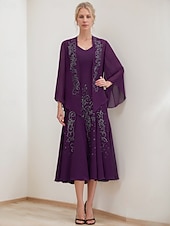 preiswerte Mit Jacke-Zweiteiliges A-Linien Kleid Anzug Brautmutterkleid Elegantes Vintage Funkeln  Strahlen V-Ausschnitt Teelanges Chiffon 3/4-Länge Ärmel mit Falten Pailletten