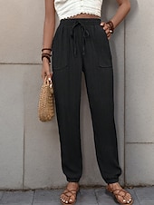 cheap Straight-Leg Pants-Women's Tapered pants Chinos Fashion Streetwear Full Length High Waist Plain Pocket Elastic Waistband Comfy Soft Comfortable Micro-elastic Outdoor Street Black Green Khaki Spring &amp;  Fall Regular Fit