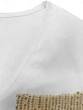 preiswerte Damen Einfache Oberteile-Damen Bluse Feste Farbe Basic Brautkleider schlicht Kurzarm V Ausschnitt Normale Oberteile Täglich Pailletten Patchwork Tasche Schwarz Weiß Sommer Frühling
