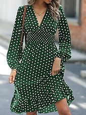 cheap Work Dresses-Women&#039;s Mini Dress Casual Dress A Line Dress Stylish Casual Vacation Daily Regular Fit Polka Dot Long Sleeve V Neck Navy Blue Green Spring Fall