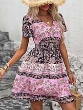 levne Boho šaty-Dámské Dlouhé šaty Maxi šaty Volnočasové šaty Boho šaty stylové Na běžné nošení Dovolená Párty Denní Volný Grafika Krátký rukáv Do V Černá Léto Jaro