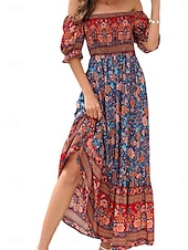 olcso Alkalmi virágos ruhák-Női Maxiruha hétköznapi ruha Boho elegáns ruhák Boho ruha Csehország aranyos stílus Stílusos Vakáció Napi Tengerpart Laza öltözet Grafika Rövid ujjú Aszimmetrikus Rubin Medence Lóhere Nyár Tavasz Ősz