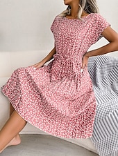 cheap Casual Floral Dresses-Women&#039;s Midi Dress Casual Dress A Line Dress Stylish Casual Vacation Daily Regular Fit Floral Short Sleeve Crew Neck Pink Light Blue Summer Spring