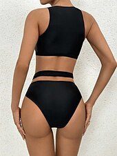 billige Bikinisett-Dame Badetøy Bikini 2 stk Frekk Badedrakt Åpen rygg Tynn Ferie Strand Klær Helfarge U-hals Ermeløs Badedrakter
