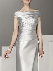 economico GRIGIO-Abito A-Line per la Madre della Sposa Abito Formale Ospite di Matrimonio Elegante Collo a Barchetta Spalla Scoperta Lunghezza Tera Lunghezza Caviglia Satin Italia Mezza Manica con Ruching 2025