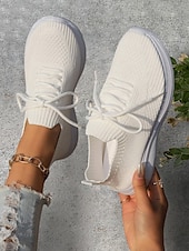 preiswerte Damen-Sneaker-weiße, leichte Strick-Schnürsneaker für Damen – atmungsaktive Sportschuhe zum Laufen, Gehen und für den Komfort im Alltag