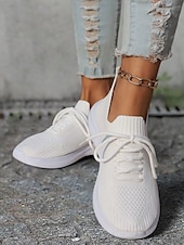 preiswerte Damen-Sneaker-weiße, leichte Strick-Schnürsneaker für Damen – atmungsaktive Sportschuhe zum Laufen, Gehen und für den Komfort im Alltag