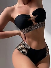 billiga Bikiniset-Dam Badkläder Bikini 2 st Kaxig Baddräkt Öppen rygg Smal Semester Standkläder Geometrisk Axelbandslös Ärmlös Baddräkter