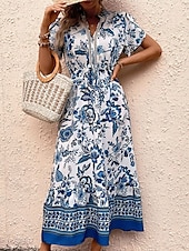 preiswerte Ausgefallene Kleider-Damen Maxidress Casual kleid Schaukelkleid A Linie Kleid Boho-Kleid Brautkleider schlicht Täglich Regular Fit Blumen Halbe Ärmel V Ausschnitt Blau Sommer Frühling