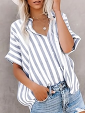 cheap Work Tops-Women&#039;s Shirt Blouse Striped Casual Short Sleeve Shirt Collar Regular Tops Daily Buttons Print Blue Gray Summer Spring