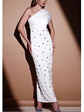 abordables BLANC-Robe de soirée Sheath  Colonne Élégante Robe Invité de mariage Longue crue Sans manches Une épaule mélange de coton avec strass