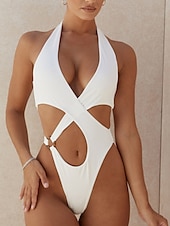 billiga One-piece-baddräkter-Dam Badkläder En bit Monokini Baddräkt Öppen rygg Magkontroll Hög midja Smal Semester Standkläder Ensfärgat Halterneck Ärmlös Baddräkter