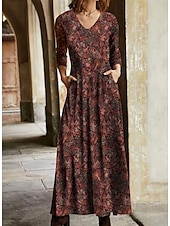 billige Elegante blomsterkjoler-kvinners vinterkjole t-skjortekjole tee-kjole floral stammelomme v-hals lang kjole maxikjole vintage etnisk daglig langermet høst vinter