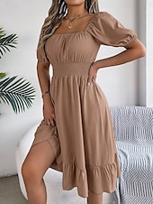 economico Abiti da campagna-Per donna Mini abito Abito casual Abito linea A Abito da lattaia Moda Essenziale Informale Da mare Giornaliero Standard Liscio Manica corta Squadrata Cachi Azzurro Estate Primavera