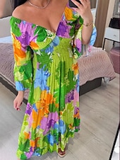 abordables Robes de vacances-Femme Robe Maxi Robe casual Robe Évasée Robe Trapèze Décontractées du quotidien Standard Floral Manches 3/4 Col V Rose Claire Bleu Vert Eté Printemps Automne