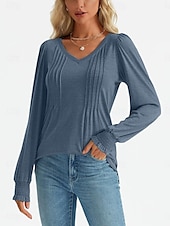 cheap Plain tee-Women&#039;s Shirt Blouse Solid Color Basic Casual Long Sleeve V Neck Regular Tops Daily Ruched Smocked Pink Blue Green Summer Spring