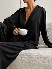 ieftine Seturi noapte pentru femei-Pentru femei Set pijama Casual Confortabili Culoare pură Butonul sus Talie elastică Cămașă Pantaloni Casă Zilnic Manșon Lung Guler Cămașă Negru Trifoi Vară Primăvară Toamnă Fit regulat