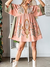 tanie Sukienki boho-Damskie Sukienka mini Codzienne sukienki Sukienka Boho Bohema Zabytkowe Codzienny Urlop Codzienny Regularny Kwiaty Rękaw 3/4 W serek Fuksja Pomarańczowy Zielony Wiosna Jesień