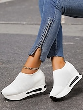 billige Sneakers til kvinner-hvite slip-on-strikkede joggesko for kvinner med pustende mesh og skjult hæl - lette fritidssko for turgåing og hverdagsbruk
