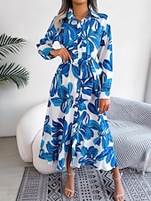 preiswerte Kleider für die Ferien-Damen Maxidress blusenkleid Casual kleid A Linie Kleid Stilvoll Brautkleider schlicht Urlaub Täglich Regular Fit Blumen Langarm Hemdkragen Blau Orange Frühling Herbst