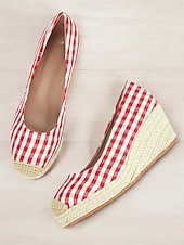 cheap Platform Heels-Women&#039;s Red Gingham Espadrille Wedge Heels with Crochet Toe Cap, Vintage Style Summer Shoes for Casual and Vacation Wear