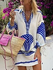 ieftine Rochii casual florale-Pentru femei Rochie Mini Rochii Tip Cămașă Rochie casual Casual Zilnic Fit regulat Geometric Manșon Lung Guler Cămașă Negru Albastru piscină Trifoi Vară Primăvară Toamnă