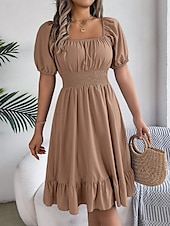 economico Abiti da campagna-Per donna Mini abito Abito casual Abito linea A Abito da lattaia Moda Essenziale Informale Da mare Giornaliero Standard Liscio Manica corta Squadrata Cachi Azzurro Estate Primavera