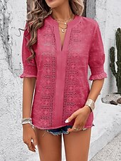 preiswerte Spitzenoberteile-Damen Hemd Bluse Feste Farbe Basic Brautkleider schlicht Halbe Ärmel Gekerbter Hals Normale Oberteile Täglich Bestickt Weiß Rosa Grün Sommer Frühling &amp; Herbst
