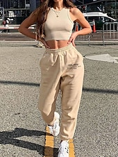 billiga Damjoggers-Dam Asiatisk storlek Byxor Träningsbyxor Mode Ledigt vardag Fullängd Hög midja Bokstav Elastisk midja Bekväm Mateial som andas Mjuk Microelastisk Utomhus Fritids- Vit Kaki Vår, Höst, Vinter, Sommar