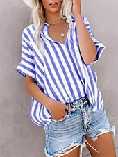 cheap Work Tops-Women&#039;s Shirt Blouse Striped Casual Short Sleeve Shirt Collar Regular Tops Daily Buttons Print Blue Gray Summer Spring