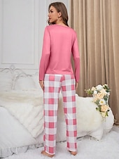 billiga Sovkläder till damer-Dam Pyjamas set Ledigt Komfort Comfrt Tecknat Rutnät / Pläd T-shirt Byxa Hem Långärmad Rund hals Svart Rodnande Rosa Vår Höst Vinter