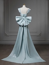 billige BLÅ-havfrue / trompet bryllup gjestekjoler elegant kjole bryllup bryllup gjestebane tog ermeløs scoop neck taft med sløyfe(r) 2025