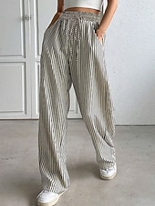 abordables jambe large et taille haute-Femmes Joggings Chinos Mode Streetwear Longueur complète Taille haute Rayé Avec Poches Ceinture Élastique Confortable Doux Micro-Élastique Extérieur Rue Noir Printemps &amp; Automne Coupe régulière