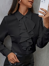 preiswerte Elegante Oberteile-Damen Hemd Bluse Feste Farbe Geschäftlich Modern Brautkleider schlicht Langarm Hemdkragen Normale Oberteile Arbeit Abendgarderobe Rüsche Knopf Schwarz Weiß Sommer Frühling
